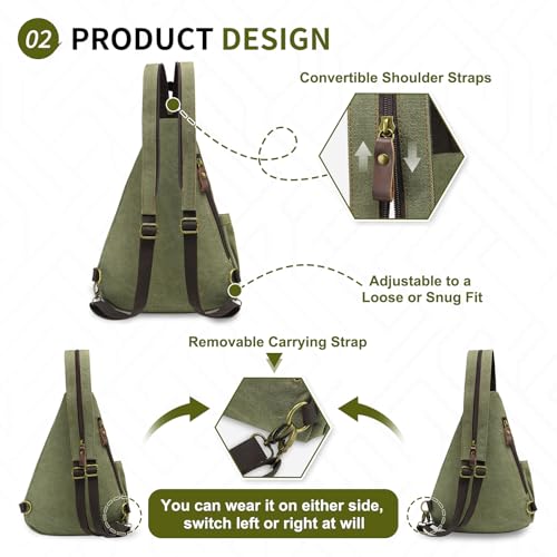 Canvas Sling Bag with Leather Zipper 3-in-1 Crossbody Backpack | Vintage Canvas Sling Bag for Women Men Convertible Cross Body Bag Multiple Zipper Pockets for Travel Daily Use - color: Green