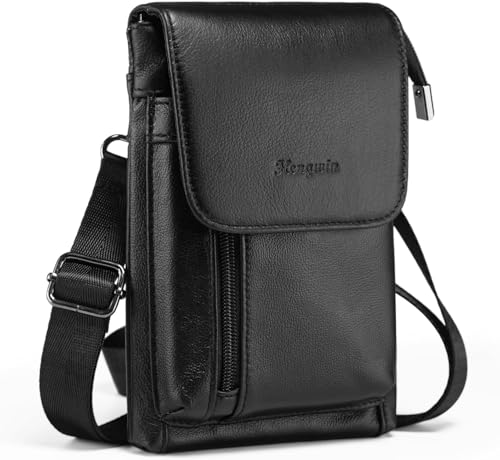 Genuine Leather Small Crossbody Bag for Men Women, Cellphone Belt Pouch Bag, Travel Passport Wallet, Shoulder Holster (Black) - color: Black