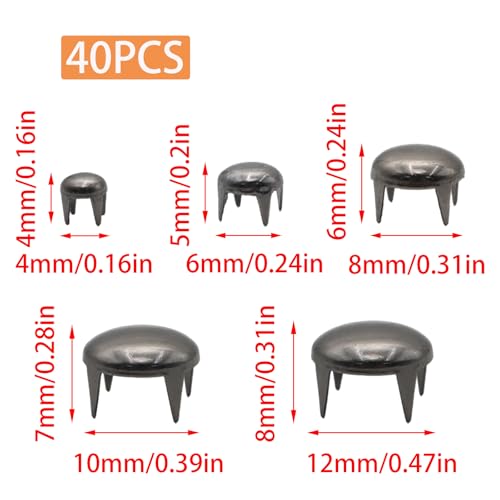 Pine & Linen 200Pcs Black Durable Round Dome Studs, Claw Rivets Metal Nailheads, Assorted Spike Studs for Leather Craft Clothes/Bags/Shoes（4mm/6mm/8mm/10mm/12mm） - color: Black