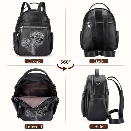 Mini Backpack Purse for Women,Vegan Leather Small Backpack for Daily | Embossed Lightweight Water-Resistance Travel Mini Fashion Daypack Bag,Ladies Casual Backpack Purse Gift Choice for Women - color: Black-flower
