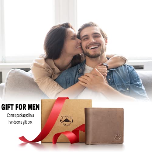 Stealth Mode Leather Bifold Wallet for Men With ID Window and RFID Blocking - color: Taupe
