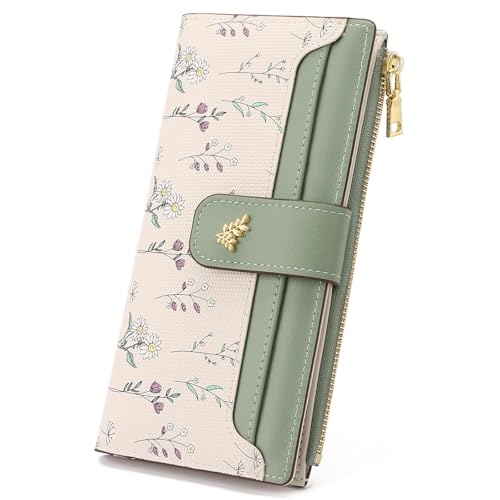 GAEKEAO Womens Wallet Slim Thin RFID Blocking Floral Vegan Leather Card Holder Bifold Long Ladies Wallet with Zipper Pocket - color: Green