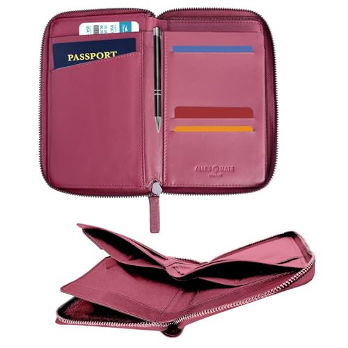 ALLEN & MATE Genuine Leather Passport Holder for Travel, RFID Blocking Travel Wallet Fits 2 Passports and 12 Cards, Zippered Document Organizer with SIM Slot and Pen Loop for Men and Women - color: Maroon