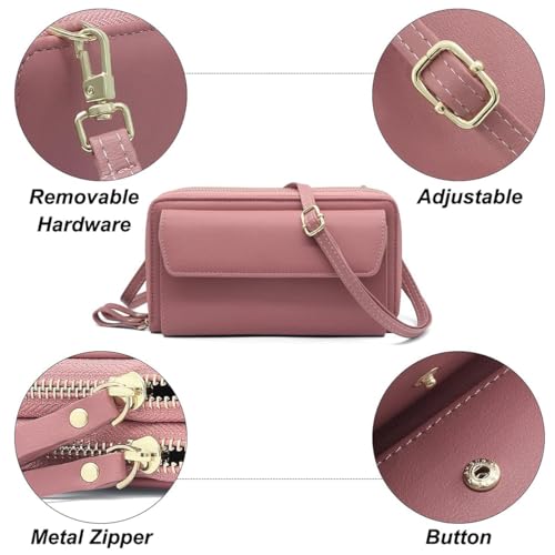 Women Leather Wallet Crossbody Shoulder Bag with Double Zipper and Mobile Phone Purse with Shoulder Strap - color: 109-dark Pink