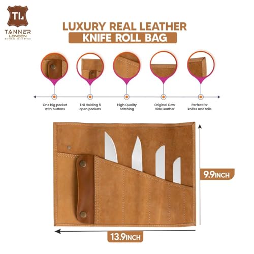 Leather Roll Bag, Full Grain Cowhide Tool Organizer, 35.3 x 25.1 cm, Green and Tan, Multi-Purpose with 5 Slots for Knives and Tools (Tan) - color: Tan