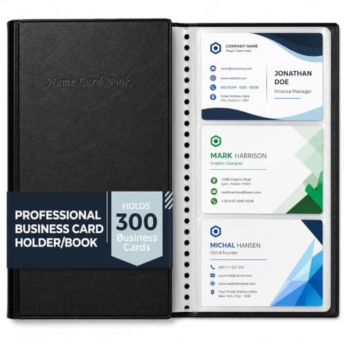 Professional Business Card Holder/Book with Black Cover, Holds 300 Business Cards | Credit Card Organizer Book with Clear Sleeves, Name Card Folder for Office and Networking, Rolodex - Ring Binder Depot - size: Small