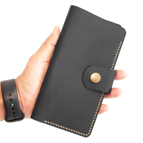 Crazy Horse Leather Checkbook Cover, Handmade Wallet for Men Women Unisex, Black - color: Black