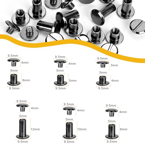 120sets Chicago Screws Kit, 6 Sizes Screw Rivets Gun Metal Chicago Binding Screws for DIY Repair Leather Craft Belt Bag Shoes Purse Bookbinding (M5*4,5,6,8,10,12) (Gunblack) - color: Gunblack