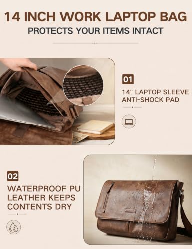 VX VONXURY Messenger Bag for Men, PU Leather Laptop Briefcase Bag for Work | Shoulder Bag for Office, Fits 14" Laptop, Vintage Satchel Bag with Padded Shoulder Strap, Padded Laptop Sleeve, Waterproof - color: 14 Inch Brown