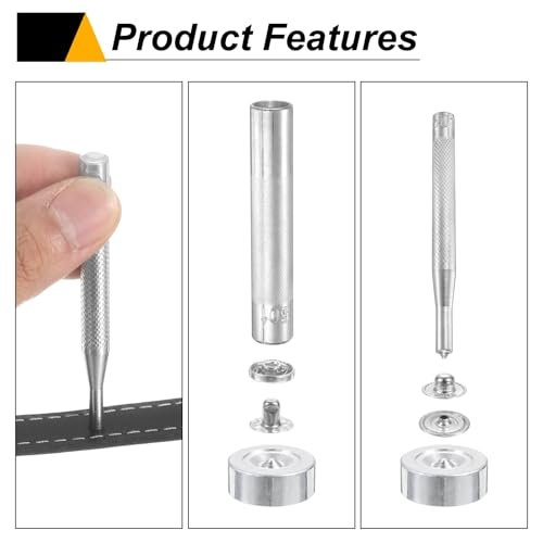 HARFINGTON 24Set Leather Snaps Fasteners Kit 10mm Dia Brass Press-Stud Cap Button 2.72" Length Metal Snap Buttons with 4 Install Tools for Coat Bag Leather Marine Boat Canvas, Silver - color: Silver