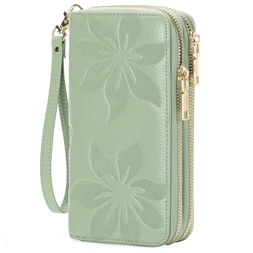 GOIACII Women's Wallet RFID Blocking Leather Wristlet | 2 Zip Around, Large Capacity, Credit Card Holder, Ladies Phone Clutch Purse - color: A09 Mint Green