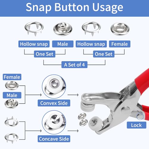 Vintrex 200Set Metal Snap Button Kit - Silver Hollow Snaps for Fabric with Fastener Pliers, 9.5mm Sewing Button Snaps for DIY Crafts, Clothing & Sewing Projects(803Pcs) - color: 9.5mm 200Set