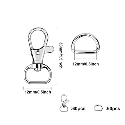 SANNIX 120Pcs Keychain Clip Hooks with D Ring Include 60Pcs Snap Hooks | Swivel Lanyard Clip, and 60Pcs D Ring, for Purse Hardware Sewing Projects (1/2” Inside Width) - color: Silver