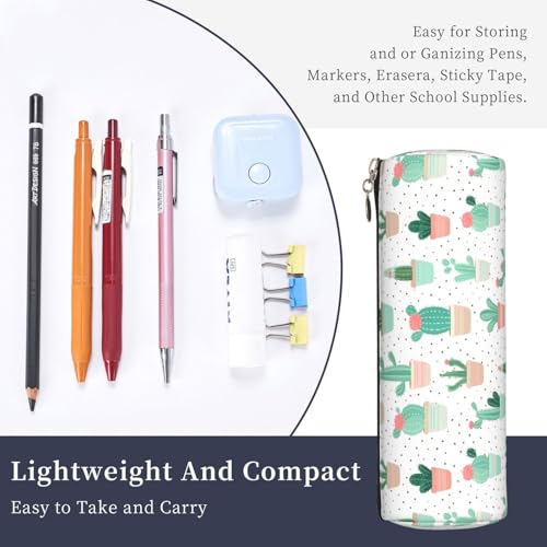OSAM SPACE Leather Pencil Case Round Pencil Bag Plant Cactus Simple Pen Organizer Holder Portable Zipper Pouch Cute School Supplies for Girls Boys Study Office - color: Plant Cactus Simple