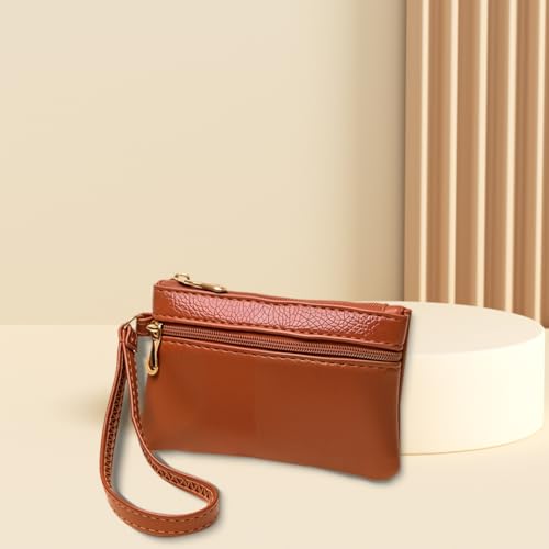 PU Leather Wristlet Coin Pouch Holder Slim Wrist Strap Change Purse Double Layer Keychain Wallet with Zipper Portable Leather Cash Organizer Case for Men Women Travel Credit Card(Brown) - color: Brown