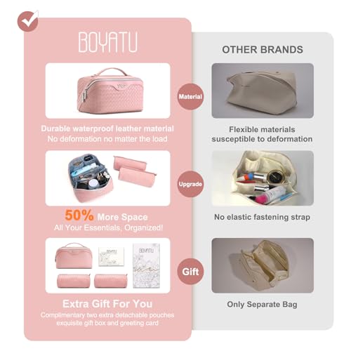 BOYATU Travel Makeup Bag Cosmetic Bags for Women: 3 Pcs Set Make up Bag | Large Capacity Waterproof Organizer Bags with Compartments - Lay flat Toiletry with Handle (L04 Light Pink) - color: L04 Light Pink