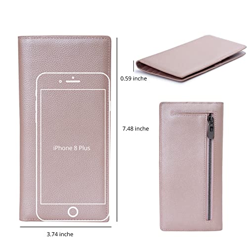 Bveyzi Ultra Slim Thin Leather RFID Blocking Credit Card Holder Bifold Clutch Wallets for Women - color: Rose Gold