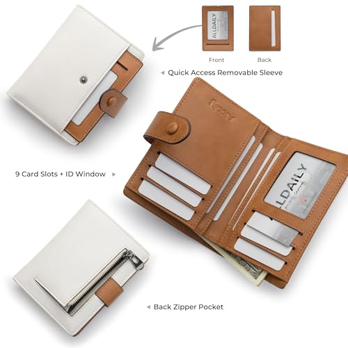 Alldaily Small Slim RFID Blocking Leather Wallet for Women, Bifold with 10 Card Slots and Coin Pocket (White&Brown) - color: White with Brown