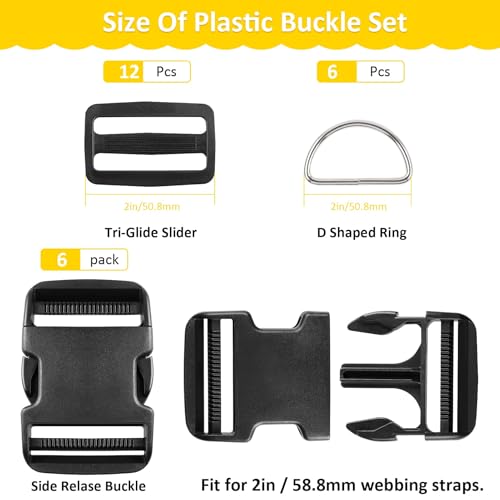 6 Pcs Quick Side Release Buckle, 12 Pcs Tri-Glide Slide、 6 Pcs Metal D-Rings,Dual Adjustable, No Sewing Required Suitable for 2 inch Wide Nylon Webbing (2 inch Buckle Combo Set) - color: 2 Inch 6 Pc Buckle Combo Set