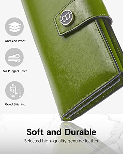 BOSTANTEN Womens Leather Wallet RFID Large Capacity Credit Card Holder | 20 Card Slots, Phone Holder, Zipper Coin Pocket, Clutch Wallet, Long Bifold, Ladies Gifts, Green - color: D-Green