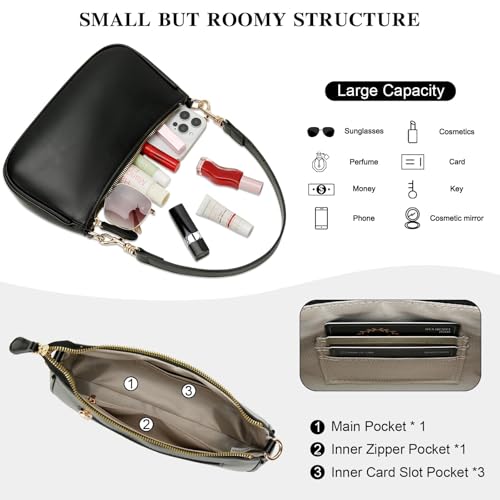 KKXIU Small Black Purse for Women, Cute Mini Shoulder Bag Zipper Closure | 2 Removable Straps, Retro Underarm Bags, Classic Crossbody Bag, Handbag for Women - color: Black