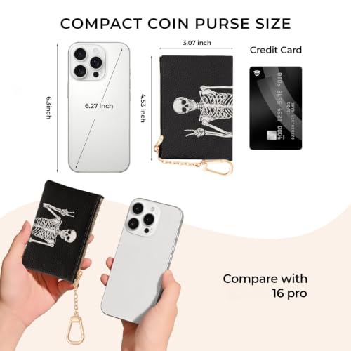 Funny Skull Skeleton Keychain Coin Purse for Women, Change Pouch | Small Zipper Purse, Little Tiny Zip Pocket, PU Leather, Travel Wallet for Girls, Cute Coin Cash Holder, Key Ring, Women Gifts - color: Funny Skull