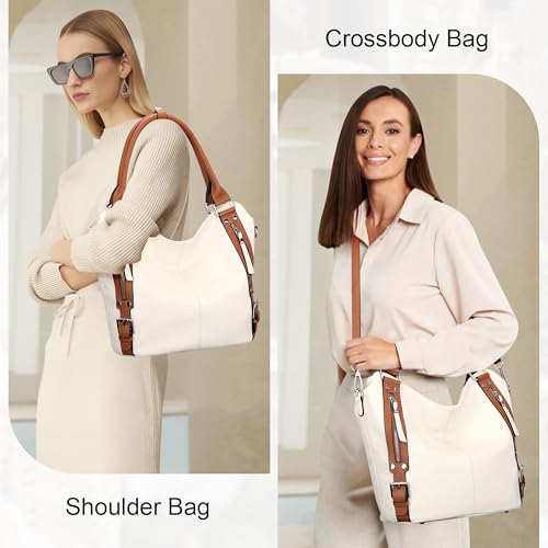 Genuine Leather Pueses for Women Large Hobo Bags Muti Pockets | Crossbody Tote Bags with Top Handles, Key Leash, Adjustable Straps for Shoulder/Handbags/Tote, Daily - color: 05-beige/Brown