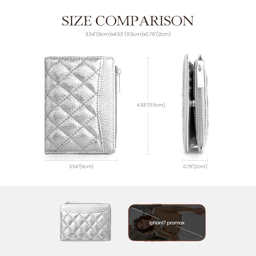 befen Genuine Leather Slim RFID Bifold Wallet Women with Zipper Pocket Keychain - Metallic Silver Purse - color: Silver