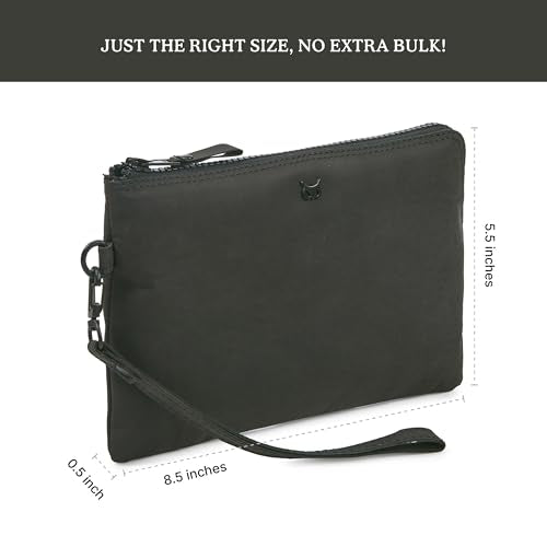 Leather Wristlet Wallet for Women Clutch Handbag Purse with Cell Phone Slot | Genuine Top Grain Leather, 8 Credit Card Slots, Detachable Strap, YKK Zipper, Gifts for Women - color: Black Crazy Horse