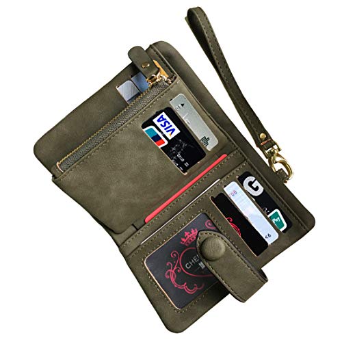 AOXONEL Women's Small Bifold Leather wallet Rfid blocking Ladies Wristlet with Card holder id window Coin Purse - color: Army Green