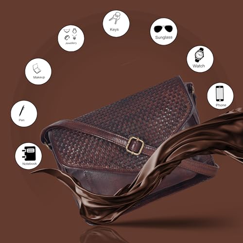Ozora Genuine Leather Crossbody Purse for Women, Shoulder Bag - color: Brown Weaving