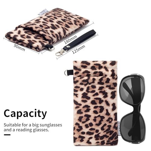 Face Shadow Double Glasses Case Soft Eyeglass Case For Women Men | Sponge-padded Lining Squeeze Top Sunglasses Case Stitched Cleaning Cloth Removable Wrist Strap for Daily Use Travel - color: Leopard Brown