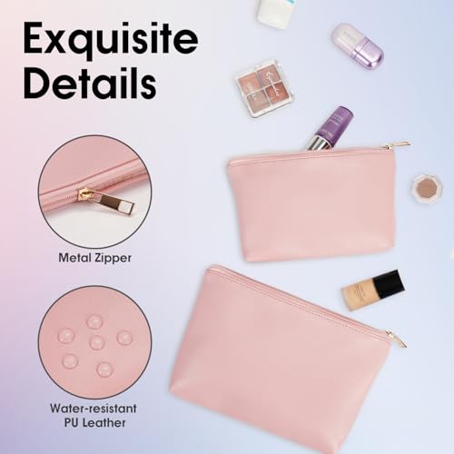 Wandering Nature Makeup Bag Small Cosmetic Bag for Purse 2 Pack Small Make Up Pouch Vegan Leather Cute Travel Pouch with Zipper for Women, Pink - color: Pink1