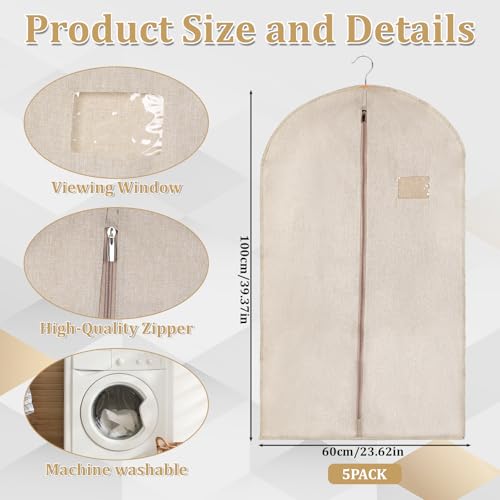 5 Packs Cotton Garment Bag for Hanging Clothes, 40" Breathable Hanging Suit Cover, Linen Garment Bags for Clothes Coats, Leather Jackets, Sweaters and Closet Storage - color: Tan