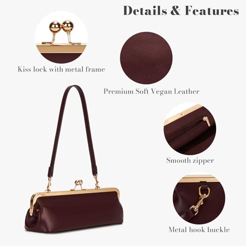 Women's Kiss Lock Shoulder Bag, Classic Small PU Purse with Gold Tone Frame, Underarm Bag for Party, Date, Evening - color: Red