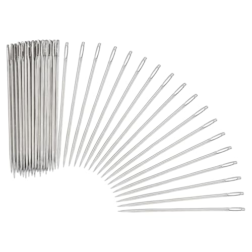 HARFINGTON 100 Pcs Sewing Needles 0.07 x 3 Inch Stainless Steel Big Eye Embroidery Thread Beading Leather Needle Upholstery Hand Sewing Awl for Art Craft Stitching Home Repair, Silver - size: 0.07 x 3 Inch