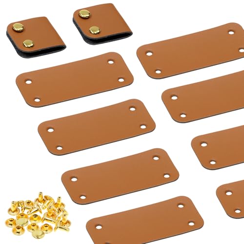 ONLYKXY Brown PU Leather Handmade Tag with Rivet Button for Knits,Rectangle Universal Blank Label Cute Repair Patch Soft Crochet Tape with Holes for DIY Clothing,Sewing Stamping,Keychain (10)