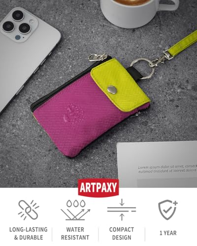 Artpaxy Minimalist Wallet For Mens Womens, Keychain RFID Blocking Zipper Small Wallet with ID Window 2 Lanyards,Water Resistant Travel Cash Card Coin Case Boys Girls - color: Pink+Light yellow