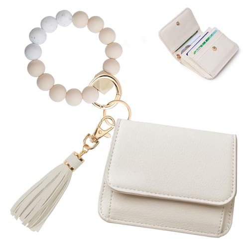 Keychain Wallet for Women,RFID Wristlet Wallet with Beaded Strap | Tri-Fold Design,6 Card Slots,ID Window,Zipper Coin Pocket,Lightweight Carry - color: Beige
