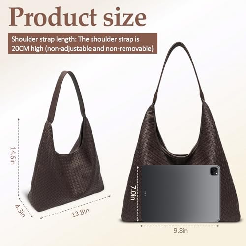 Woven Textured Vegan Leather Hobo Tote Bag Large Slouchy Purse for Women | Trendy work handbag with magnetic closure and interior pockets. Chic aesthetic satchel ideal to carry daily travel essentials - color: Coffee