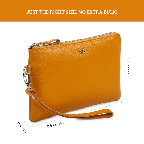 Leather Wristlet Wallet for Women Clutch Handbag Purse with Cell Phone Slot | Genuine Top Grain Leather, 8 Credit Card Slots, Detachable Strap, YKK Zipper, Gifts for Women - color: Mustard Nappa
