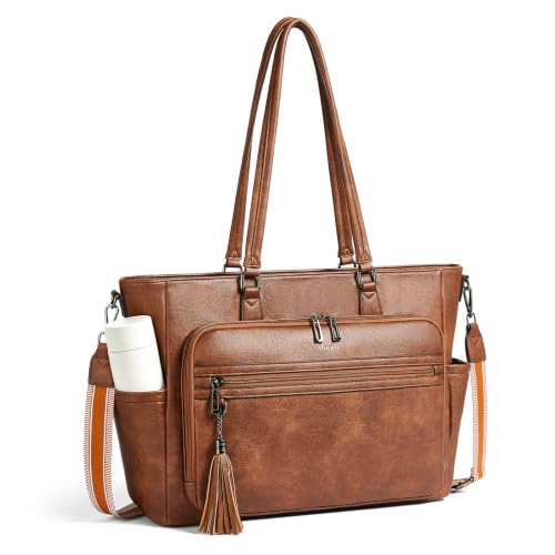 15.6 Inch Laptop Tote Bag for Women Large Leather Shoulder Bag Handbags Purses with Detachable Shoulder Strap - color: Brown