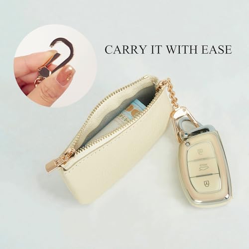Full Grain Leather Coin Purse with Key Chain - Small Change Purse Keychain Card Holder Keychain Pouch Small Keychain Wallet for Women and Men (Creamy-white), LA-2312 - color: Creamy-white, Regular Size