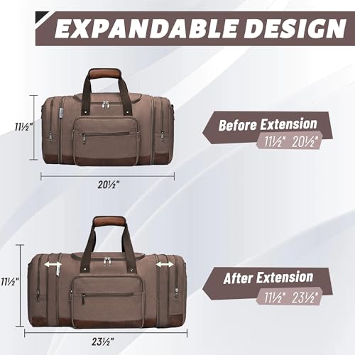 50L Expandable Canvas Duffle Bag Weekender Travel Carry On Gym | Large Capacity, Multiple Pockets, Detachable Strap, Travel Duffel Bags Women Men,Duffle Bags for Traveling - color: Brown