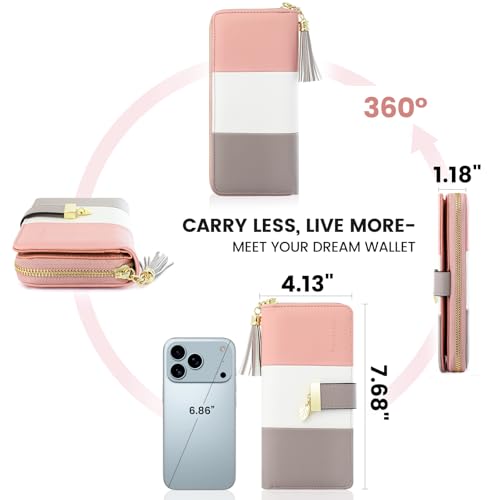 Pomelo Best Womens Wallet Bifold Rfid Blocking Multi Card Holder | Large Capacity, 11 Card Slots, 3 Receipt Pockets, 2 Cash Compartments, Zipper Coin Pocket, Id Window, Soft Leather - color: Pink/White/Grey