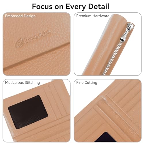 Women's Bifold Wallet, Genuine Leather, Magnetic, ID Window | Holds 10+ Cards, 2 Zip Coin Pockets, Pebbled Cowhide, Snap Closure, Large Capacity, Multiple Colors, Compact 5.5x3.9in - color: B-Light Pink