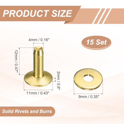 HARFINGTON 15Set Brass Rivets and Burrs Washers 11x4x12mm Dimpled Finish Solid Leather Rivet Fastener Studs Posts for Leather DIY Craft Belts Wallets Collars, Gold Yellow - color: Gold Yellow, size: 11x4x12mm
