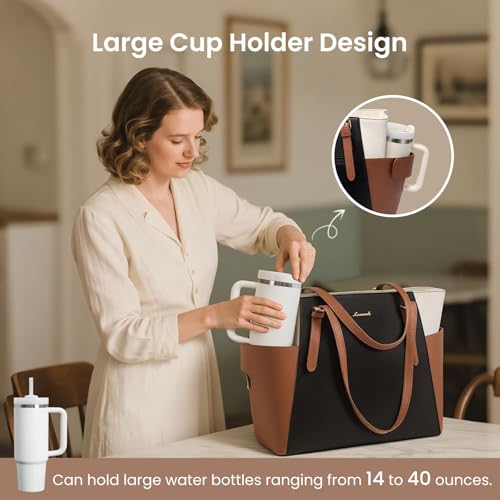 LOVEVOOK Laptop Tote Bag for Women,Leather Work Computer Briefcase Bag | Large Cup Holder,15.6 Inch Work Tote,Professional Briefcase,Teacher Commuter Shoulder Bag,Office,Travel,Gift - color: Coffee Color With Black, size: 15.6 Inch