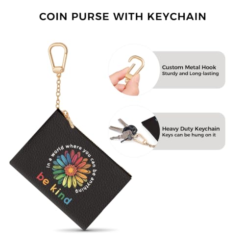 Flower Be Kind Keychain Coin Purse for Women, Small Change Pouch | Cute Key Chain Purse, Little Mini Zipper Pocket, PU Leather, Travel Wallet for Girls, Coin Cash Holder, Key Ring, Women Gifts - color: Be kind