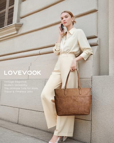 LOVEVOOK Work Tote Bags for Women, Embossed Retro Leather 17.3 Inch Laptop Bag with Large Cup Holder, Teacher Nurse Medical Professional Computer Bag, Office Briefcase Handbag Gift - color: Embossed Retro Brown, size: 17.3 Inch